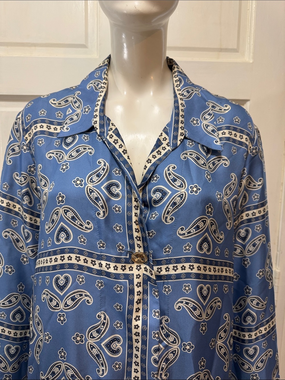 Sandro Blue Paisley Drop-Waist Long-Sleeve Women's Dress - Picture 4 of 16